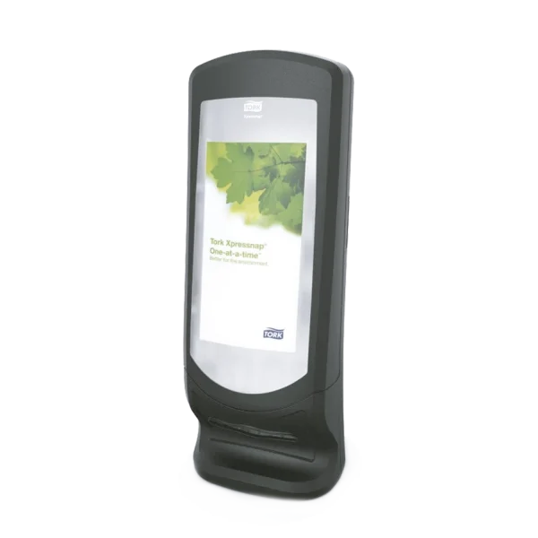Dispensador Servilleta Xpressnap Stand Tork. Dispensador de servilletas de pie color negro, con panel frontal transparente para publicidad, capacidad para aproximadamente 1100 servilletas, ideal para buffets y restaurantes de alto tráfico.