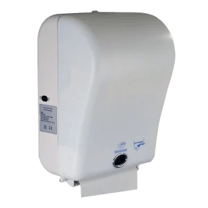 Un Dispensador Automático de Toallas de Papel en color blanco, código PD-515W. Fabricado en ABS, funciona sin contacto mediante sensor, es compatible con rollos de gran tamaño y garantiza higiene y control de consumo. Ideal para alto tránsito.