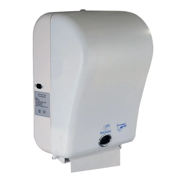 Un Dispensador Automático de Toallas de Papel en color blanco, código PD-515W. Fabricado en ABS, funciona sin contacto mediante sensor, es compatible con rollos de gran tamaño y garantiza higiene y control de consumo. Ideal para alto tránsito.
