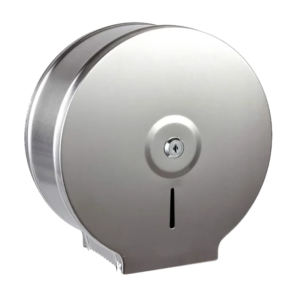 Dispensador Papel Jumbo Inoxidable, resistente y eficiente, ideal para baños de tráfico medio a alto, compatible con rollos de 400 y 500 metros.