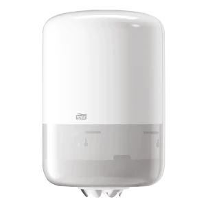 Un Dispensador Tork de Toalla de Fluido Céntrico, color blanco, código 559020. Fabricado en plástico ABS resistente, ideal para áreas de tránsito moderado, permite una dispensación continua y eficiente del papel con menor desperdicio.