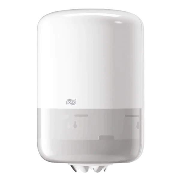 Un Dispensador Tork de Toalla de Fluido Céntrico, color blanco, código 559020. Fabricado en plástico ABS resistente, ideal para áreas de tránsito moderado, permite una dispensación continua y eficiente del papel con menor desperdicio.