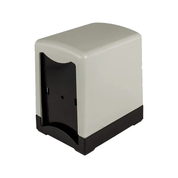 Dispensador Servilleta Rectangular. Dispensador de sobremesa de plástico ABS resistente, color beige y negro, diseño compacto para fácil extracción de servilletas y mantenimiento de higiene en mesas de restaurantes y cafeterías.