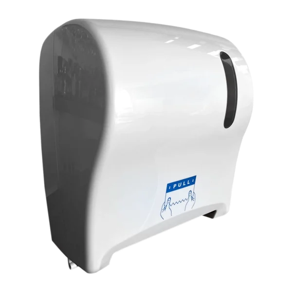 Un Dispensador Manual de Toalla en Rollo Precorte, color blanco. Fabricado en plástico resistente, es ideal para espacios de alto tránsito, ofreciendo una dispensación eficiente y fácil reposición.