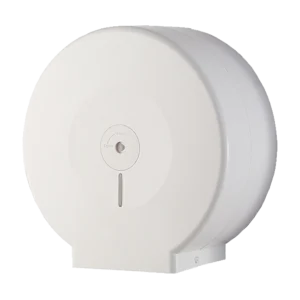 Dispensador de Rollo Jumbo Blanco de plástico ABS y alta capacidad, ideal para alto tránsito e incluye accesorios para su fácil instalación.