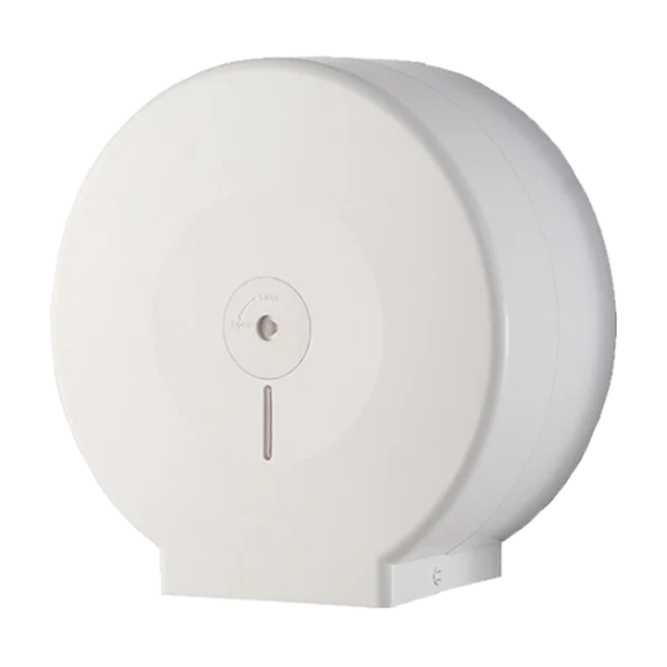 Dispensador de Rollo Jumbo Blanco de plástico ABS y alta capacidad, ideal para alto tránsito e incluye accesorios para su fácil instalación.