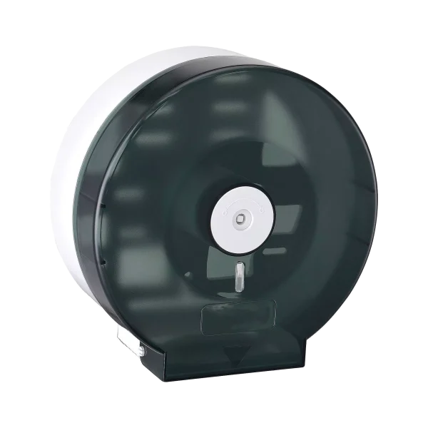 Dispensador Papel Higiénico Jumbo Estándar resistente de alta capacidad, fabricado en plástico duradero translúcido oscuro, ideal para baños de uso frecuente y fácil de instalar y mantener.
