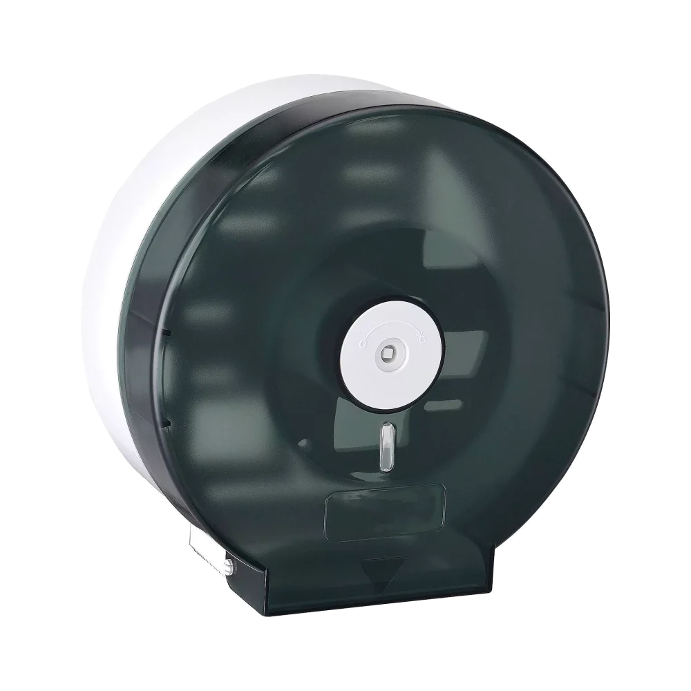 Dispensador Papel Higiénico Jumbo Estándar resistente de alta capacidad, fabricado en plástico duradero translúcido oscuro, ideal para baños de uso frecuente y fácil de instalar y mantener.