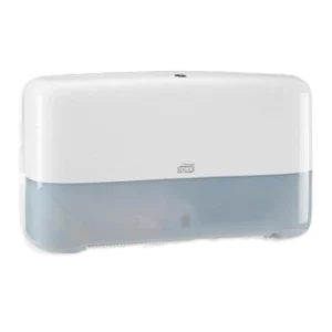 Dispensador Papel Higiénico Twin Tork blanco y translúcido de doble rollo para baños de alto tránsito, compatible con rollos de 200 y 350 metros, ofreciendo suministro continuo y bajo mantenimiento.