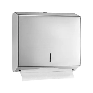 Dispensador de Toallas Interdobladas Acero Inoxidable Pequeño, con acabado satinado, código D-085. Presenta un diseño elegante y resistente, ideal para espacios reducidos, facilitando la limpieza y recargas rápidas.