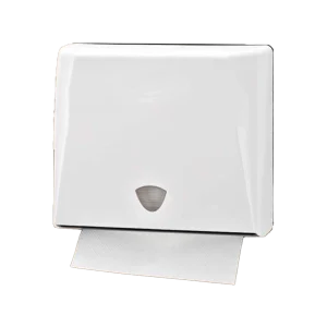 Dispensador de Toallas Interdobladas Plástico Grande, de color blanco. Ofrece durabilidad, eficiencia y dispensación individual, ideal para baños de alto tránsito.