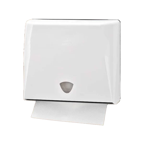 Dispensador de Toallas Interdobladas Plástico Grande, de color blanco. Ofrece durabilidad, eficiencia y dispensación individual, ideal para baños de alto tránsito.