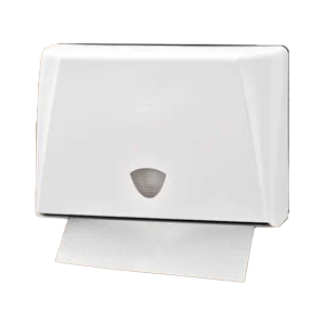 Dispensador de toallas interdobladas de plástico pequeño, de color blanco. Ofrece un diseño compacto y funcional, ideal para espacios reducidos, garantizando dispensación individual y higiene superior.