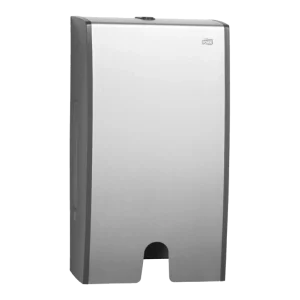 Dispensador Tork para toallas interdobladas de aluminio con acabado metálico, código 451000. Destaca por su diseño moderno, resistencia y eficiencia, ideal para ambientes de alto tránsito que buscan mejorar la higiene y reducir el consumo.