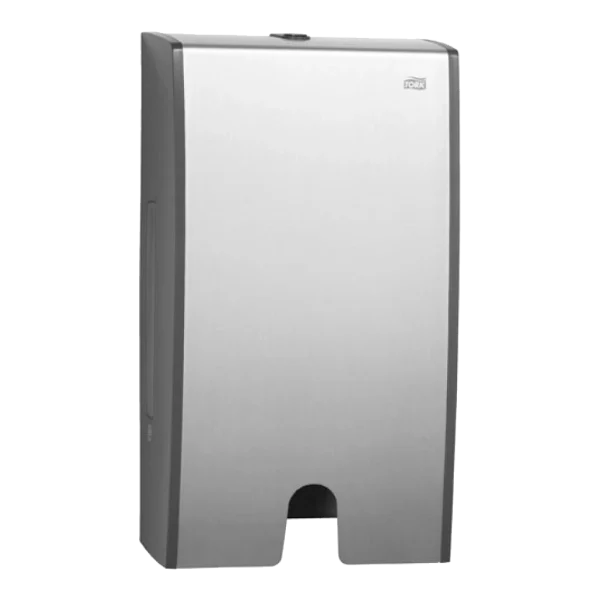 Dispensador Tork para toallas interdobladas de aluminio con acabado metálico, código 451000. Destaca por su diseño moderno, resistencia y eficiencia, ideal para ambientes de alto tránsito que buscan mejorar la higiene y reducir el consumo.