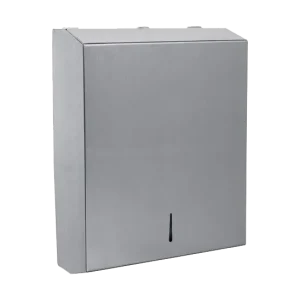 Dispensador de Toallas Interdobladas Acero Inoxidable Grande, con acabado satinado. Presenta un diseño elegante y robusto, ideal para alto tránsito, facilitando la limpieza y recargas rápidas.