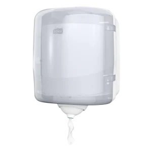 Un Dispensador Tork Reflex Toalla en Rollo Fluido Céntrico, color blanco. Diseñado para una dispensación individual y controlada, permite tocar y sacar solo la hoja que se toma, ideal para adaptarse a cualquier lugar de trabajo.