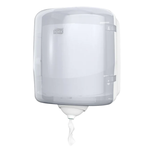 Un Dispensador Tork Reflex Toalla en Rollo Fluido Céntrico, color blanco. Diseñado para una dispensación individual y controlada, permite tocar y sacar solo la hoja que se toma, ideal para adaptarse a cualquier lugar de trabajo.