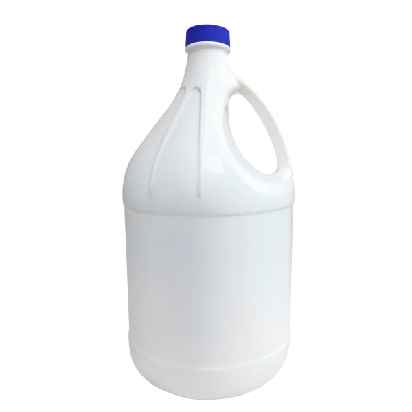 Un envase de Galón Cloro de plástico blanco opaco con forma de galón (3,785 ml) con una tapa rosca azul de 38 mm y asa lateral, diseñado para almacenar cloro y otros líquidos químicos de forma segura.