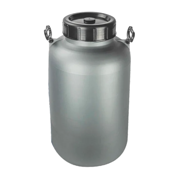 Un Envase Lechero con Tapa Tipo Rosca DEQ de polietileno de alta densidad gris, con asas superiores y una tapa rosca negra, disponible en 30, 40 y 55 litros, ideal para el transporte y almacenamiento seguro de leche.
