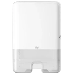 Dispensador Tork de Toallas Interdobladas Grande, de color blanco y translúcido. Ofrece óptima gestión y eficiencia comprobada con un diseño compacto y funcional, ideal para espacios reducidos, garantizando dispensación individual y higiene superior.