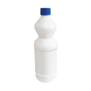 Un Litro Tipo Cloro 1000 ml DEQ de plástico blanco opaco con forma de botella y una tapa rosca azul de 32 mm, ideal para cloro, desinfectantes y líquidos de limpieza.