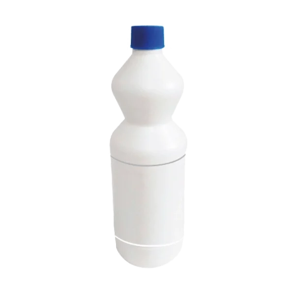 Un Litro Tipo Cloro 1000 ml DEQ de plástico blanco opaco con forma de botella y una tapa rosca azul de 32 mm, ideal para cloro, desinfectantes y líquidos de limpieza.