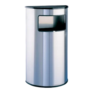 Un Basurero de Acero Inoxidable con Cenicero 45.5 Litros, con diseño de papelera media luna y cenicero superior integrado, acabado metálico brillante y cubo interior desmontable, ideal para zonas de alto tránsito.