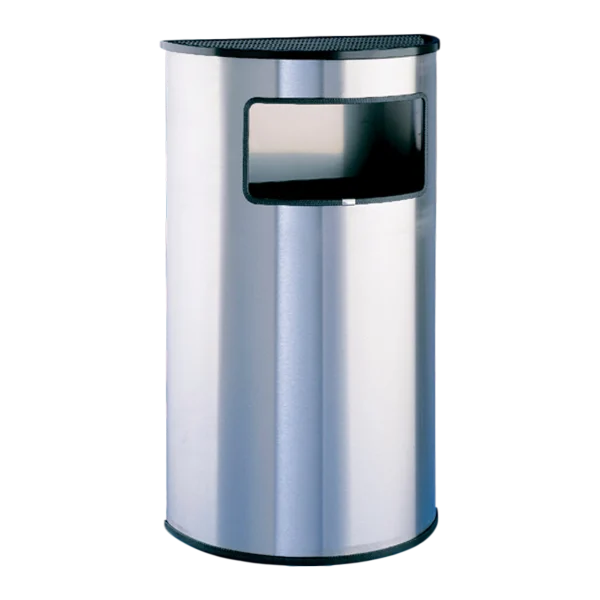 Un Basurero de Acero Inoxidable con Cenicero 45.5 Litros, con diseño de papelera media luna y cenicero superior integrado, acabado metálico brillante y cubo interior desmontable, ideal para zonas de alto tránsito.