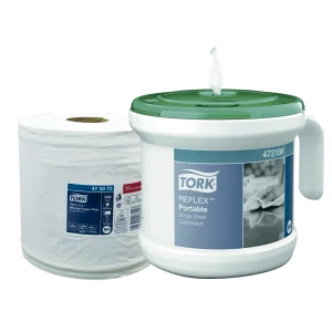 Toalla Tork Reflex con Pote dispensador portátil de color verde y blanco, con 875 cortes. Ideal para máxima higiene y control de consumo, diseñada para optimizar el flujo de trabajo y reducir la contaminación cruzada.