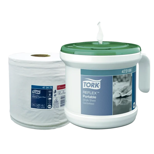 Toalla Tork Reflex con Pote dispensador portátil de color verde y blanco, con 875 cortes. Ideal para máxima higiene y control de consumo, diseñada para optimizar el flujo de trabajo y reducir la contaminación cruzada.