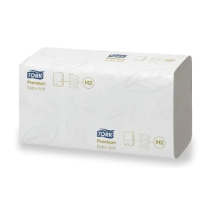 Toalla Interdoblada Premium Tork Hoja Doble. Paquete de toallas de papel blancas, con logos Tork H2, que ofrecen suavidad excepcional, absorción superior y dispensación hoja por hoja para uso eficiente y sin contacto.