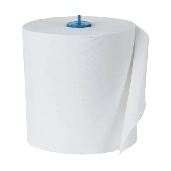 Toalla en Rollo Advance 180 Metros Hoja Doble, con un núcleo azul en la parte superior. Este rollo ofrece máximo poder de absorción y fortaleza absoluta, siendo ideal para dispensadores automáticos o manuales en entornos exigentes, garantizando un alto rendimiento y eficiencia en la limpieza.