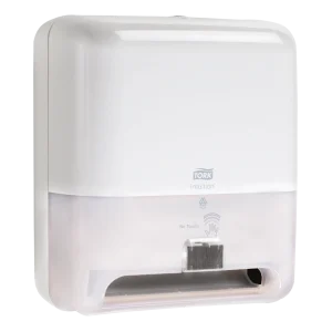 Un Dispensador Tork Matic para Toalla en Rollo con Sensor, color blanco, código 551120. Ideal para higiene sin contacto en áreas de alto tránsito gracias a su tecnología Intuition™ que garantiza una dispensación eficiente y controlada.