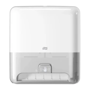 Un Dispensador Tork Matic para Toalla en Rollo con Sensor, color blanco, código 551120. Ideal para higiene sin contacto en áreas de alto tránsito gracias a su tecnología Intuition™ que garantiza una dispensación eficiente y controlada.