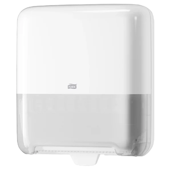 Un Dispensador Tork Matic para Toalla en Rollo, color blanco y gris, con código 551020. Diseñado para alto rendimiento en baños de alto tráfico, optimiza el consumo de toallas en rollo y reduce costos operativos.