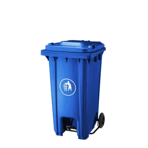 Un Contenedor de Basura 120 Litros DEQ azul de plástico, con pedal para apertura sin contacto, ruedas para fácil traslado y tapa hermética, ideal para la gestión de residuos en entornos comerciales e industriales.