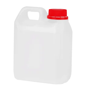 Un envase plástico Envase Tipo Galoncito de 1000 ML transparente de 1000 ml con una tapa rosca roja de 38 mm, ideal para el envasado seguro de líquidos, químicos o productos de limpieza.