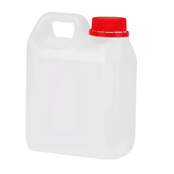 Un envase plástico Envase Tipo Galoncito de 1000 ML transparente de 1000 ml con una tapa rosca roja de 38 mm, ideal para el envasado seguro de líquidos, químicos o productos de limpieza.