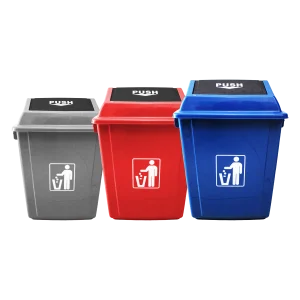 Conjunto de basurero tapa push 20 litros en colores gris, verde y azul, ideales para uso práctico y eficiente en oficinas y comercios.