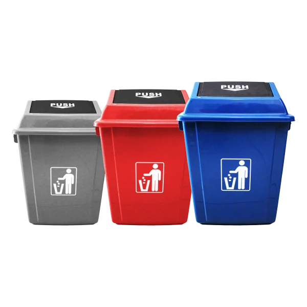 Conjunto de basurero tapa push 20 litros en colores gris, verde y azul, ideales para uso práctico y eficiente en oficinas y comercios.