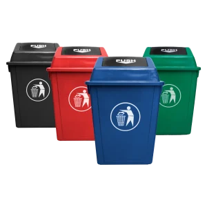 Conjunto de basurero tapa push 40 litros en colores negro, rojo, verde y azul, ideales para la clasificación de residuos en áreas de tráfico moderado.