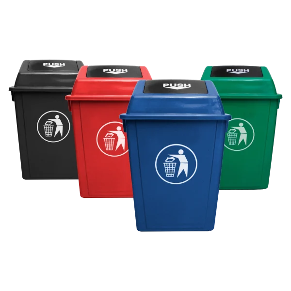 Conjunto de basurero tapa push 40 litros en colores negro, rojo, verde y azul, ideales para la clasificación de residuos en áreas de tráfico moderado.