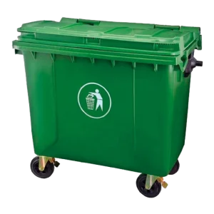 Contenedor industrial para basura de 1,100 litros, color verde, con ruedas, ideal para gestión de desechos en grandes espacios públicos e industriales