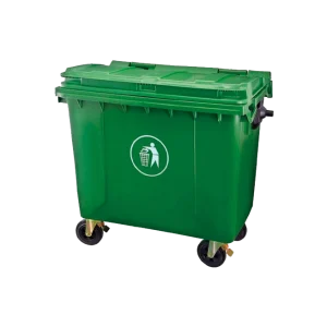 Contenedor industrial para basura de 660 litros, color verde, con ruedas, ideal para exteriores y grandes volúmenes de desechos.