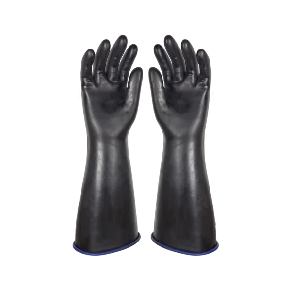 Guantes de Limpieza Industrial Vitex 450 mm, color negro y azul, con doble capa de látex para máxima resistencia, ideales para uso pesado y manipulación de líquidos alcalinos, talla M.