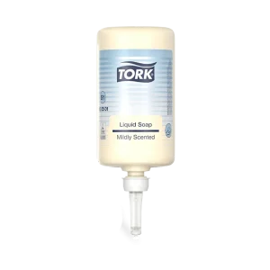 Jabón líquido Tork perfumado en cartucho de 1000 ml, con dosificación de 1 ml para hasta 1000 usos por botella