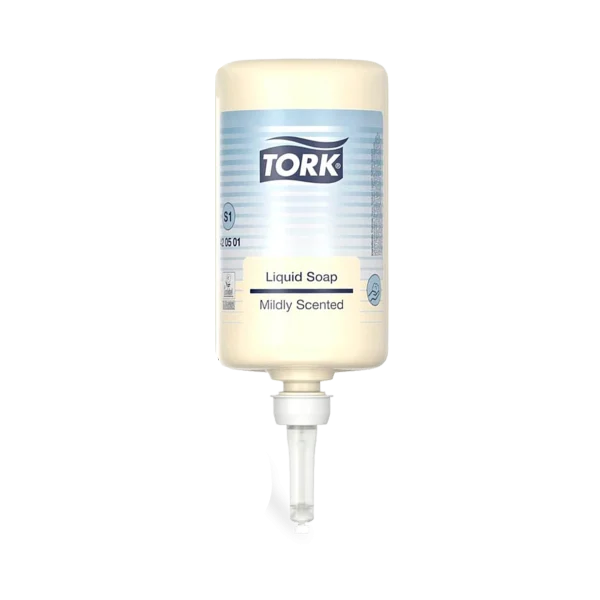 Jabón líquido Tork perfumado en cartucho de 1000 ml, con dosificación de 1 ml para hasta 1000 usos por botella