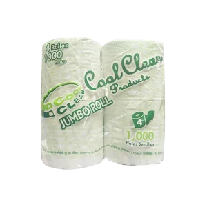 Paquete de 4 rollos de Papel Higiénico Cool Clean Jumbo 1000 Hojas, hoja sencilla, ideal para alto tránsito.