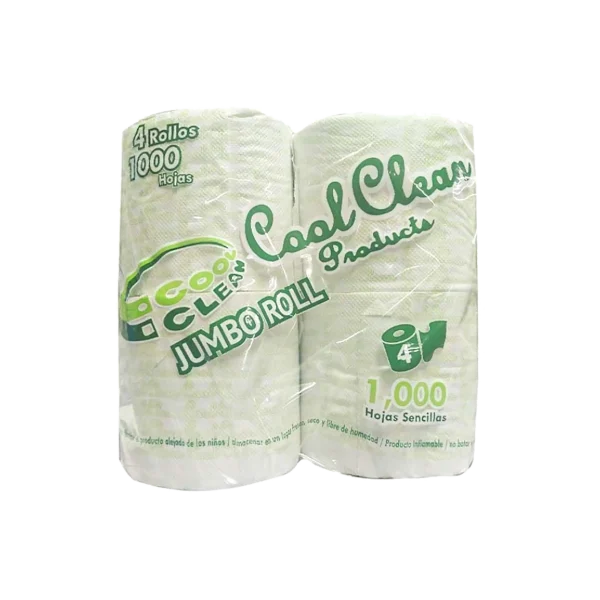 Paquete de 4 rollos de Papel Higiénico Cool Clean Jumbo 1000 Hojas, hoja sencilla, ideal para alto tránsito.